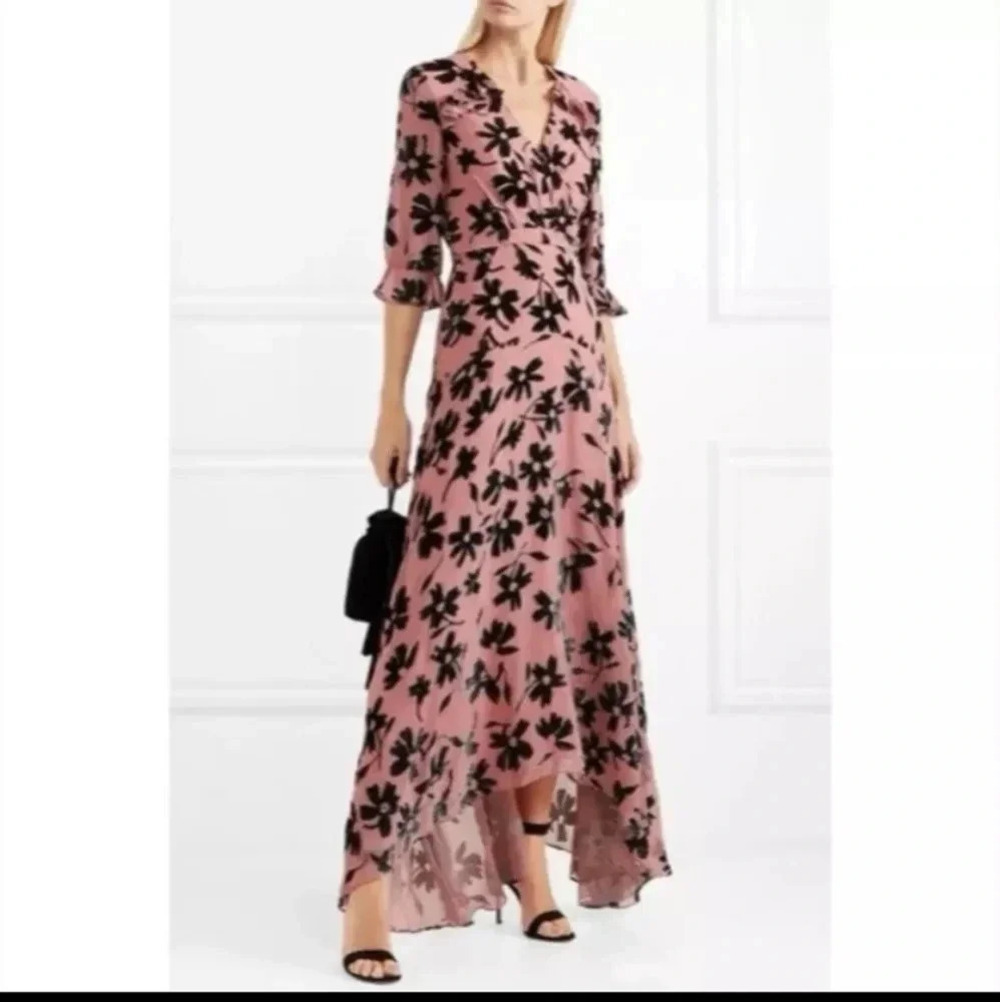 Saloni Red Chiffon V Maxi Dress Black Velvet Flowers Size 2 Edith Devor